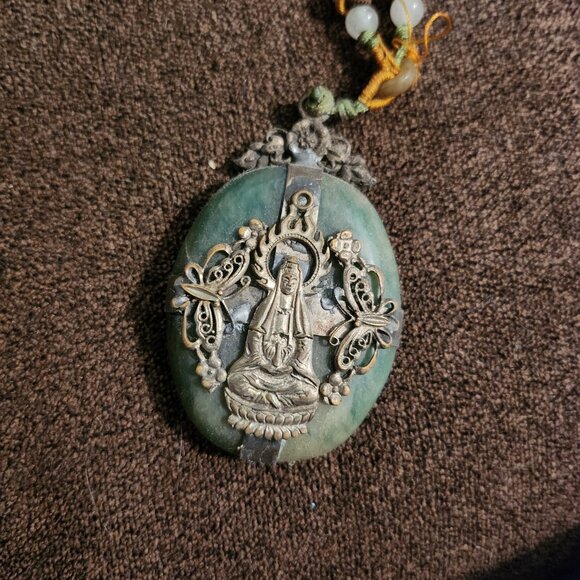 Antique Chinese Jade green Peking glass & fine brass filigree pendant appropriat - Picture 2 of 2